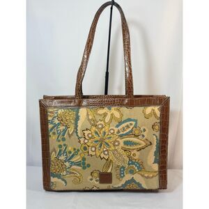 Liz Claiborne Linen Blue Tan Carryall Satchel Faux Croc Trim Floral Summer Bag